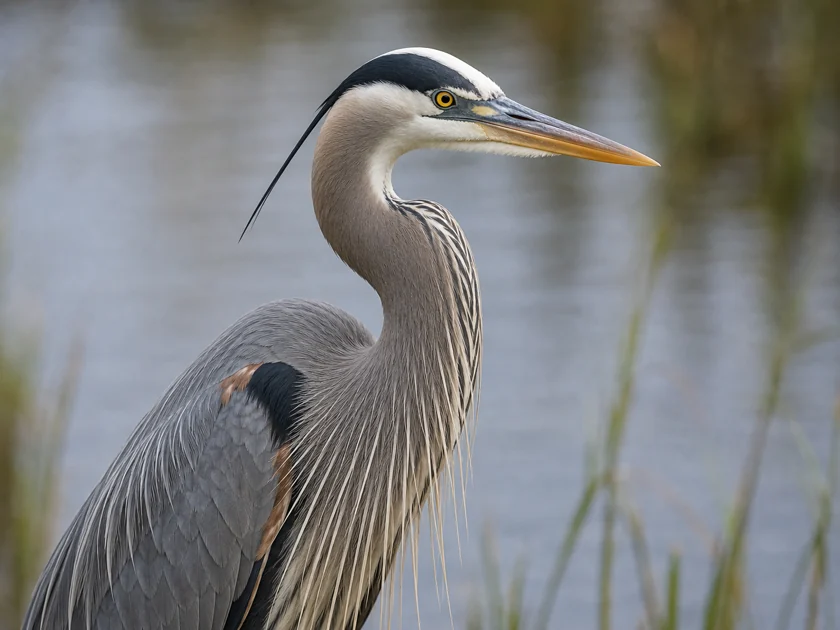 Great Blue Heron portrait near water.