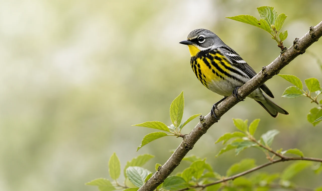 Yellow-and-black songbird perched on a leafy branch.
